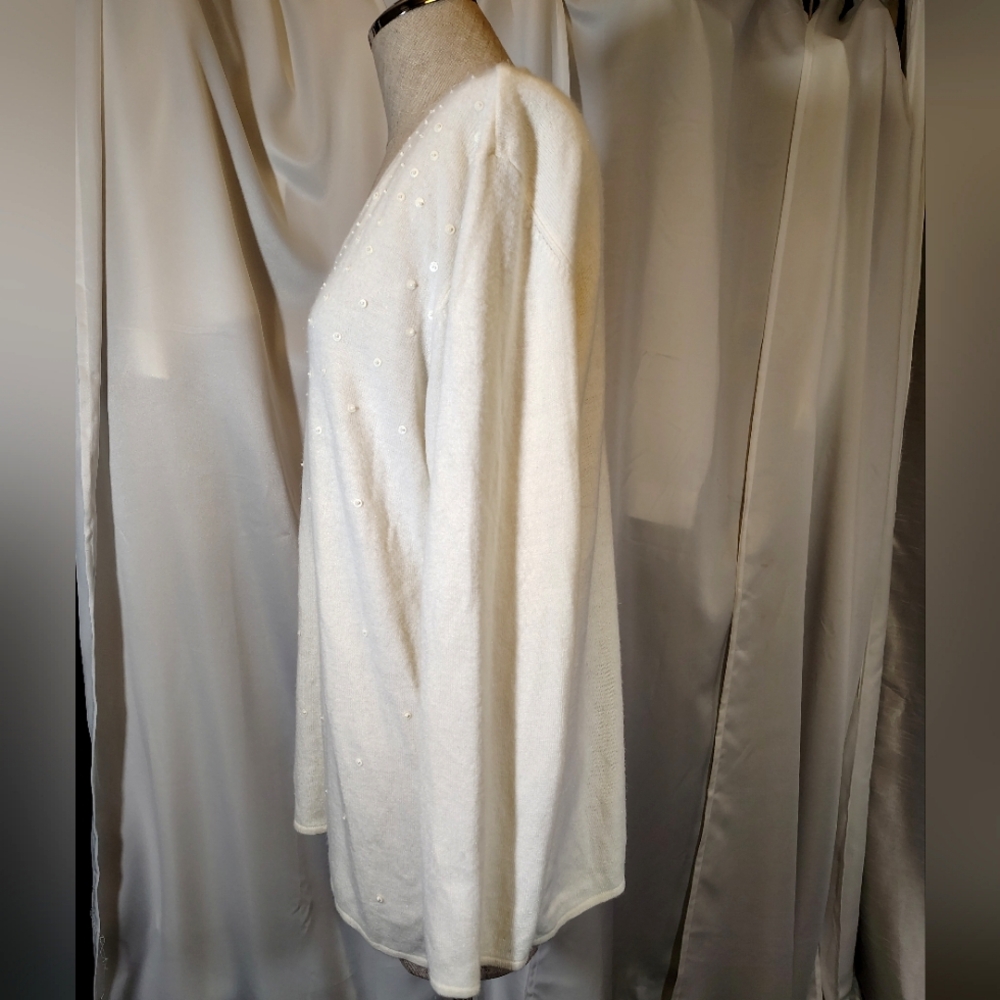 Norton McNaughton V- Neck Sweater, Ivory Bead + Ivory Sequin, Soft, Women, L - Picture 4 of 9